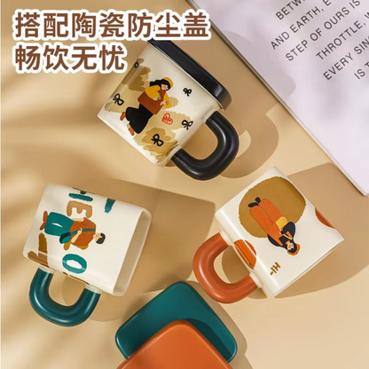New Cute Ceramic square Couple Cup with Lid 380ml