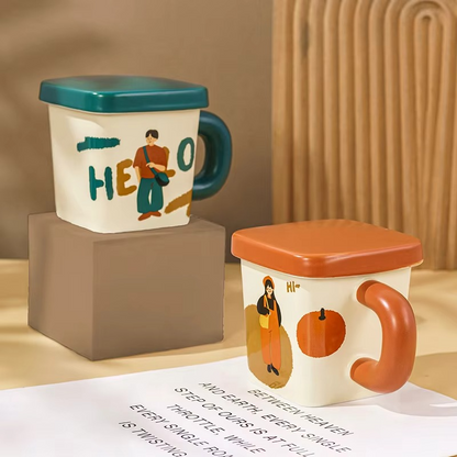 New Cute Ceramic square Couple Cup with Lid 380ml