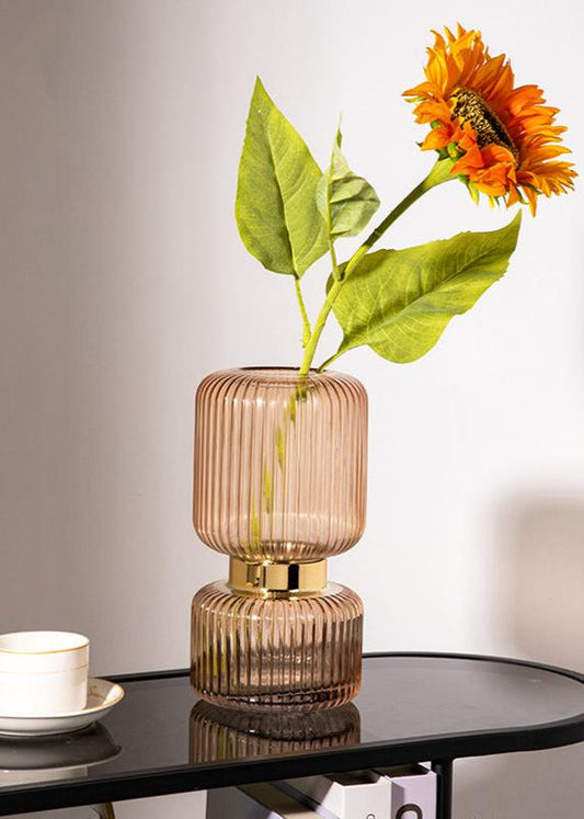 RIBBED GLASS VASE WITH GOLD ACCENT