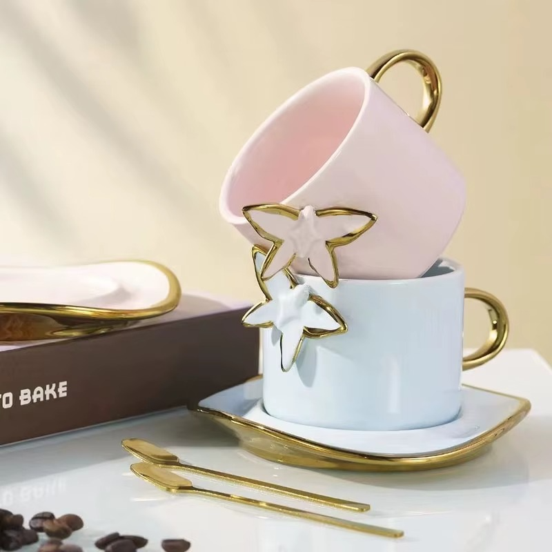 Elegant Pink Ceramic Cup & Saucer Set with Golden Accents