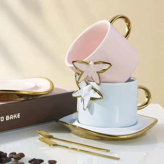 Elegant Pink Ceramic Cup & Saucer Set with Golden Accents