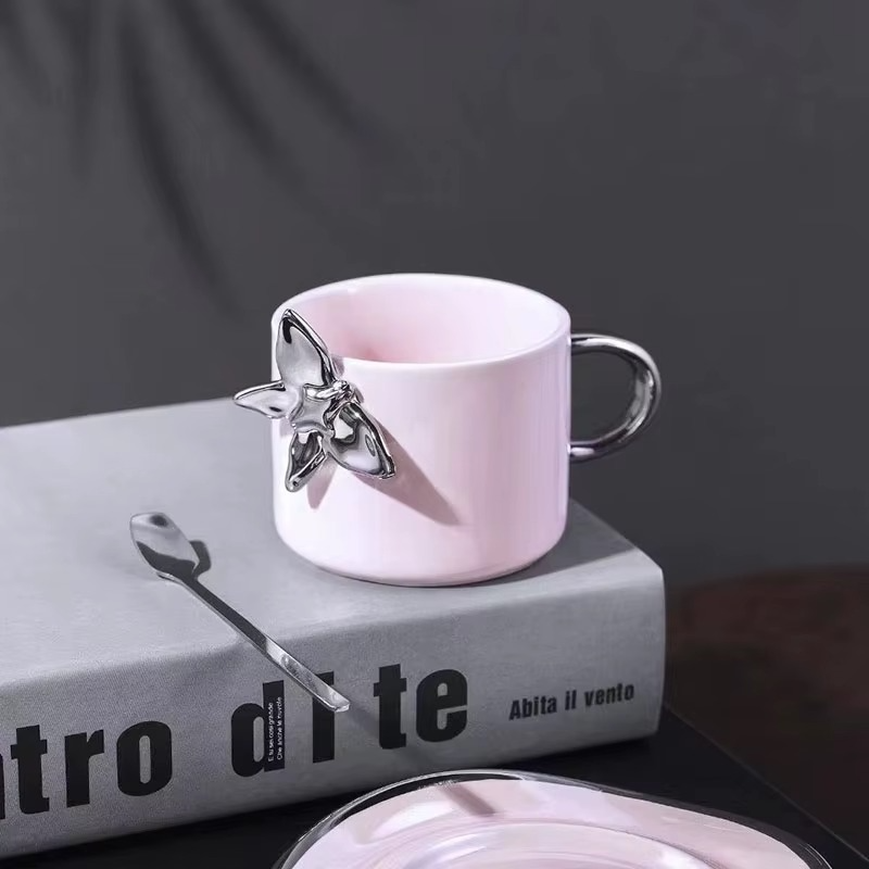 Elegant Pink Ceramic Cup & Saucer Set with Golden Accents