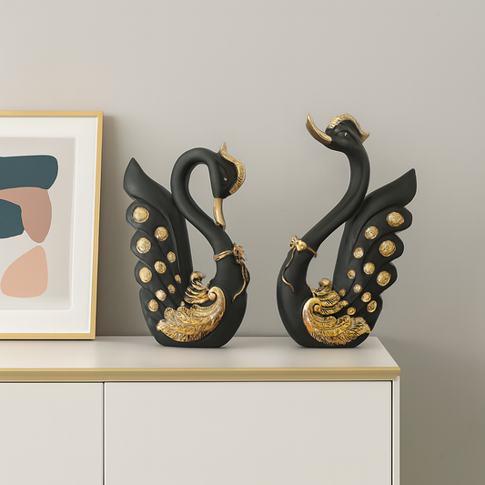 Elegant Black & Gold Swan Couple Figurines