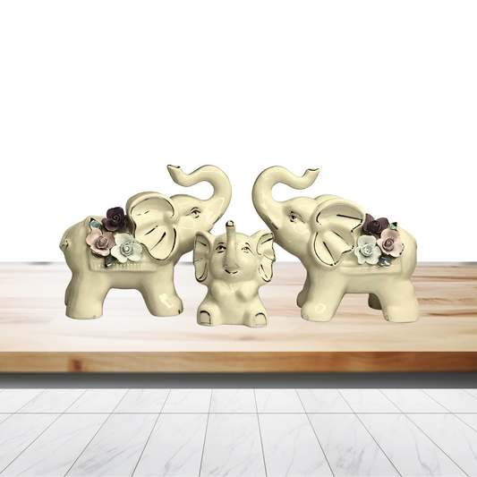 Ceramic Elephant Family Showpiece Set – Elegant Trio with Floral Accents