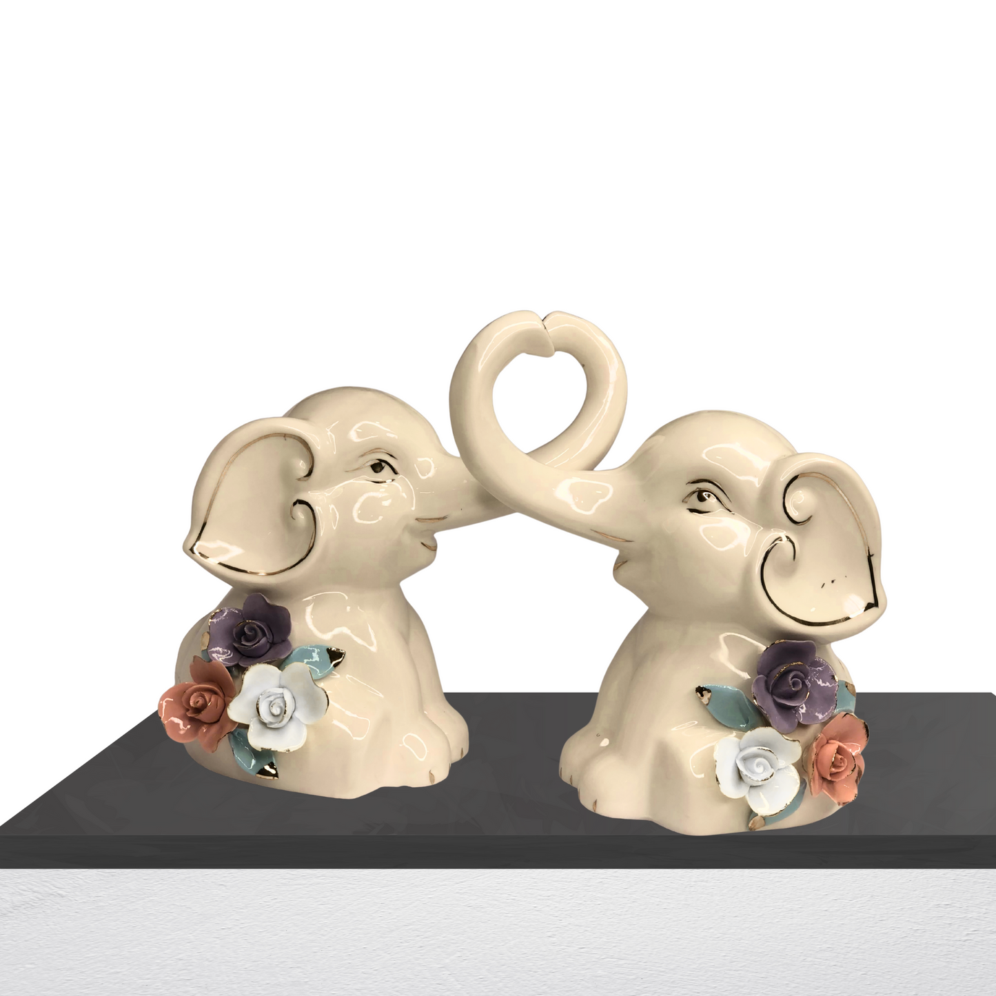 Ceramic Elephant Couple Showpiece with Floral Detailing – Symbol of Love & Prosperity