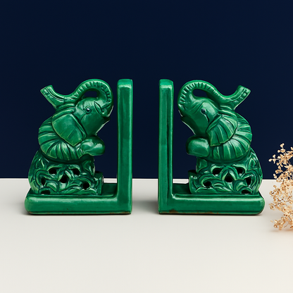 Green Elephant Ceramic Bookends – Symbol of Wisdom and Strength