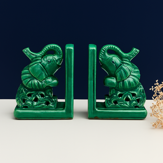 Green Elephant Ceramic Bookends – Symbol of Wisdom and Strength