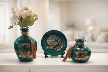 Luxury Ceramic Vase & Decorative Plate Set with Gold Floral Detailing