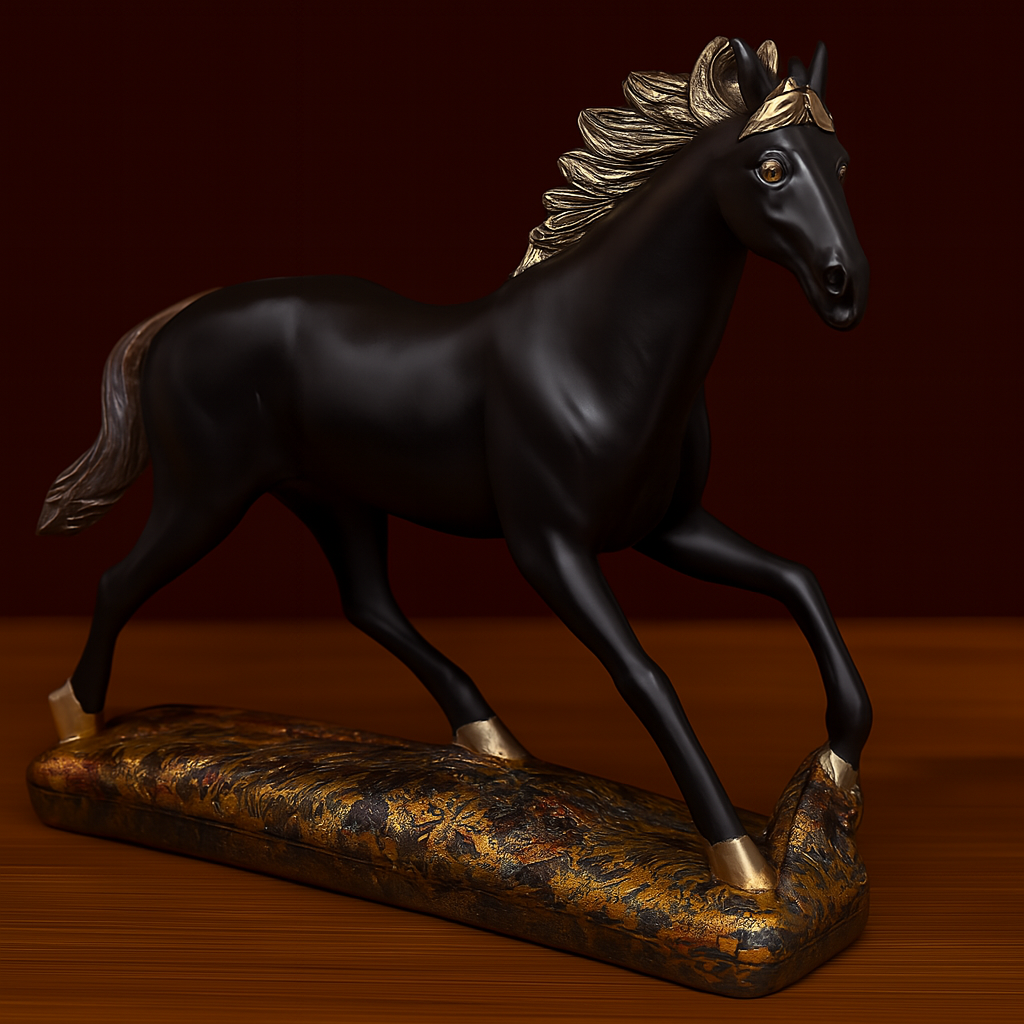 Black Horse Galloping Statue with Gold Accents