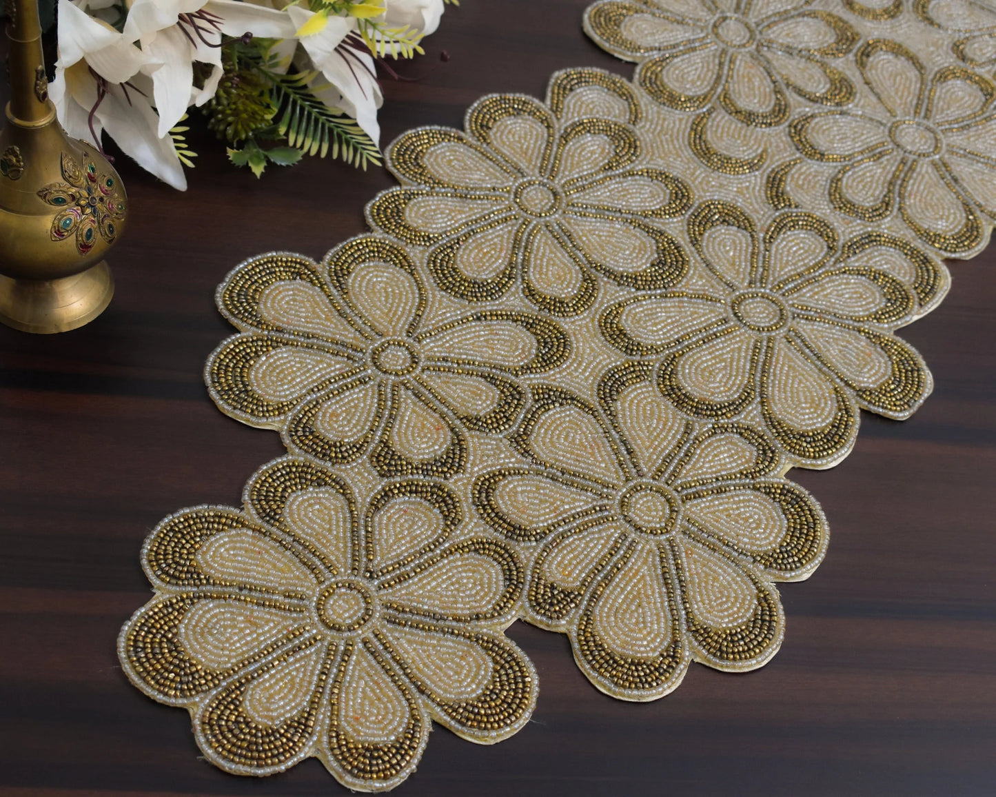 Gold Floral Hand-Beaded Table Runner – Luxury Dining Table Decor