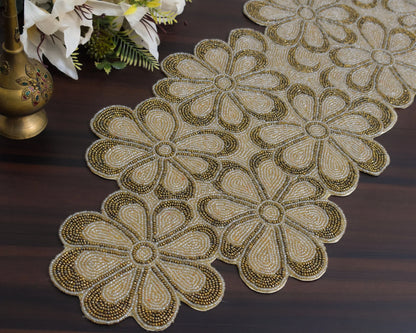 Gold Floral Hand-Beaded Table Runner – Luxury Dining Table Decor
