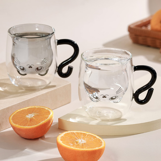 Cute Cat Design Glass Mug with Black Tail Handle