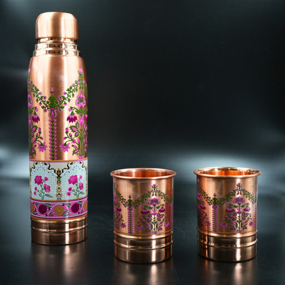 Handcrafted Copper Bottle with Matching Glasses – Floral Design