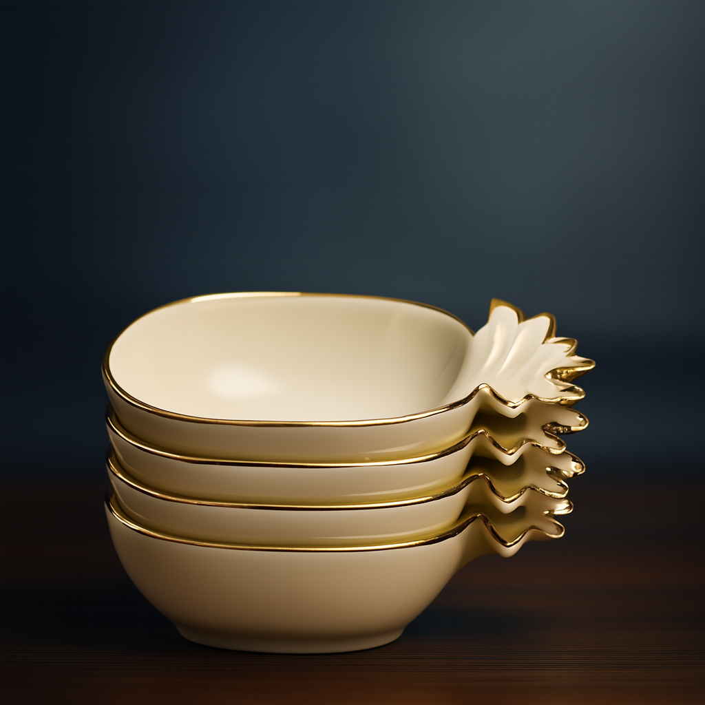 Elegant Pineapple-Shaped Ceramic Bowl Set with Golden Rim