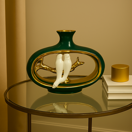 Green & Gold Lovebird Vase – Elegant Ceramic Decor