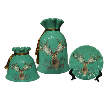Ceremic Set of 3 Deer Head Vase and Plate