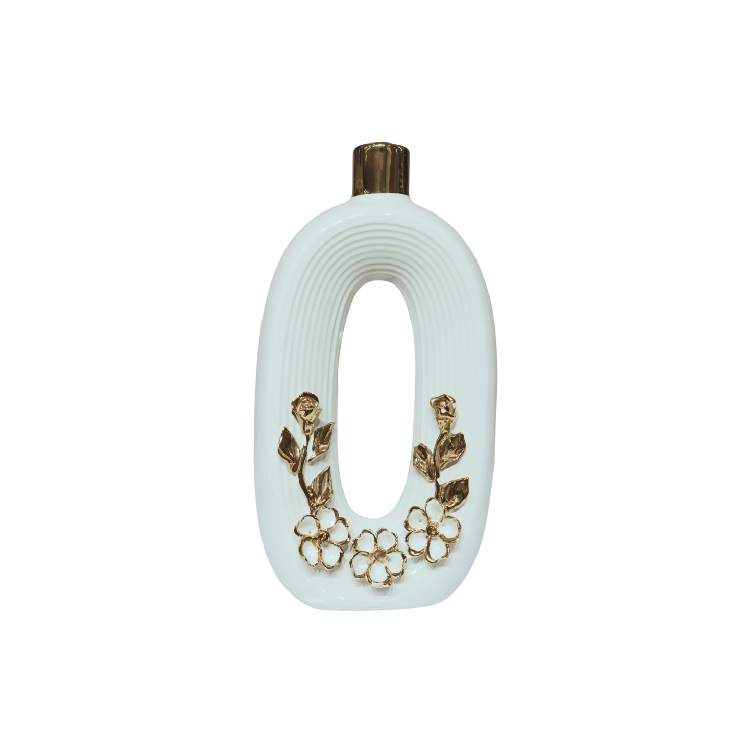 Elegant White Ceramic Hollow Vase with Golden Floral Detailing