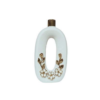 Elegant White Ceramic Hollow Vase with Golden Floral Detailing