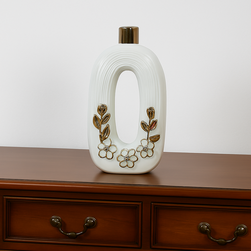 Elegant White Ceramic Hollow Vase with Golden Floral Detailing