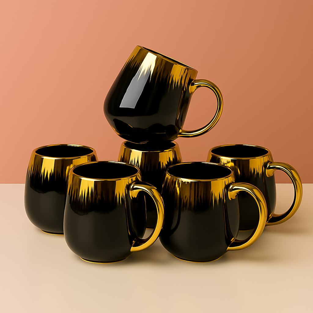 Classic Black Ceramic Coffee Mugs – Set of 6