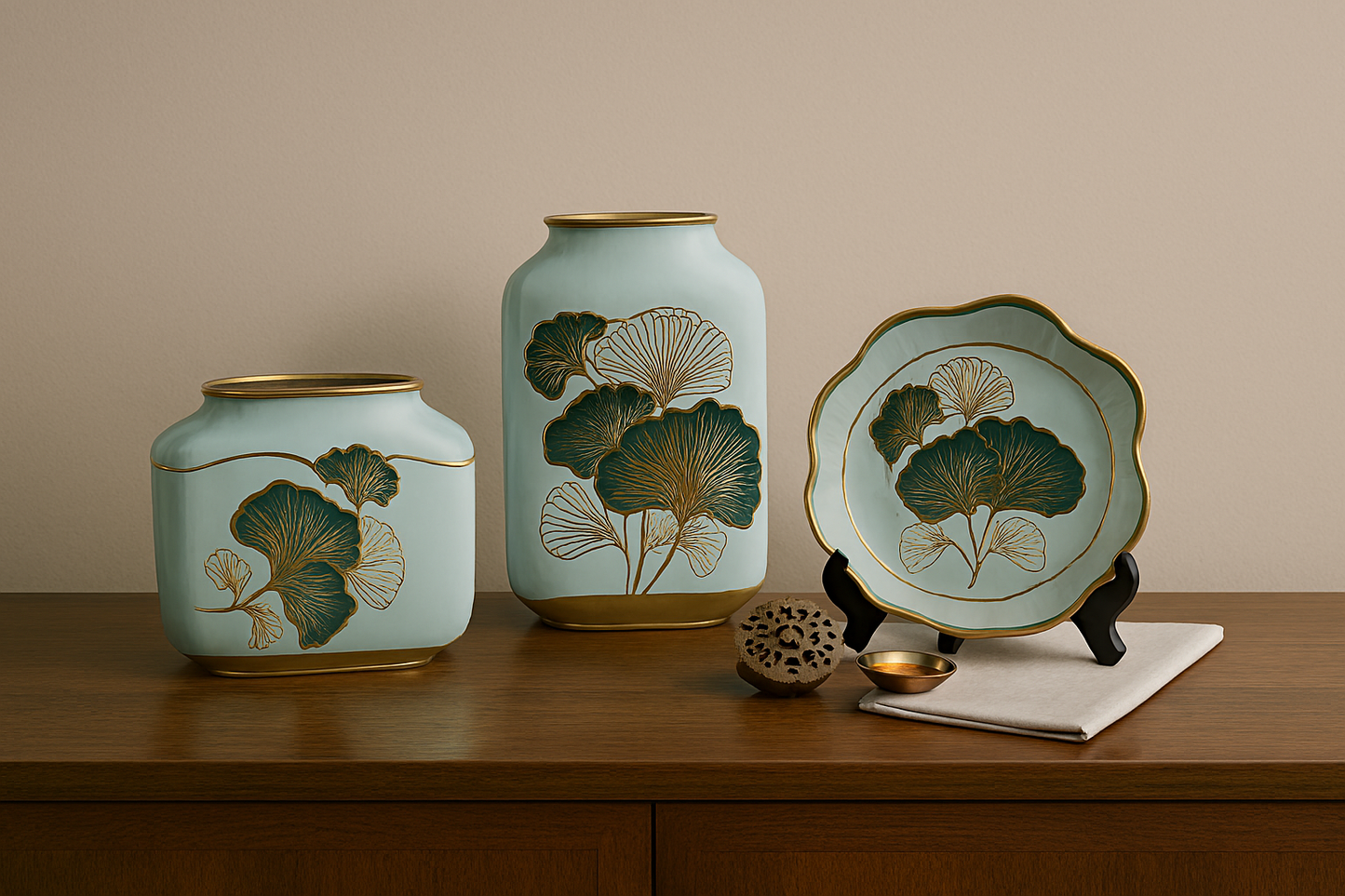 Luxury Ceramic Vase & Plate Set with Ginkgo Leaf Design – 3 Piece Decor Collection