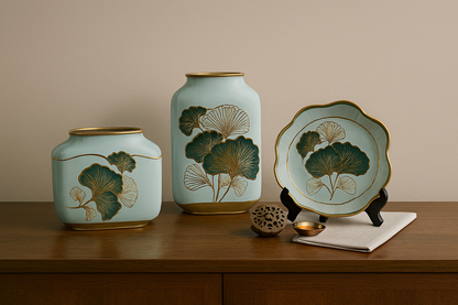 Luxury Ceramic Vase & Plate Set with Ginkgo Leaf Design – 3 Piece Decor Collection