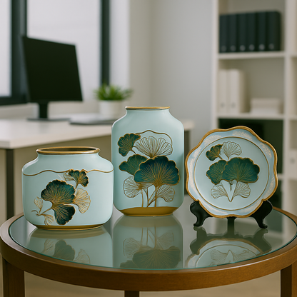 Luxury Ceramic Vase & Plate Set with Ginkgo Leaf Design – 3 Piece Decor Collection