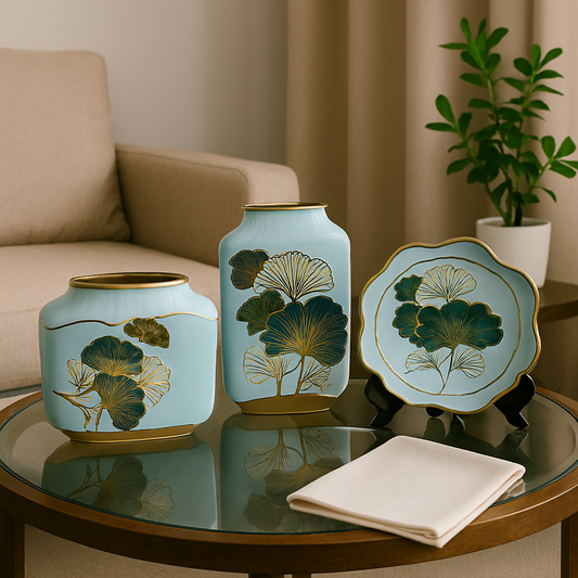 Luxury Ceramic Vase & Plate Set with Ginkgo Leaf Design – 3 Piece Decor Collection