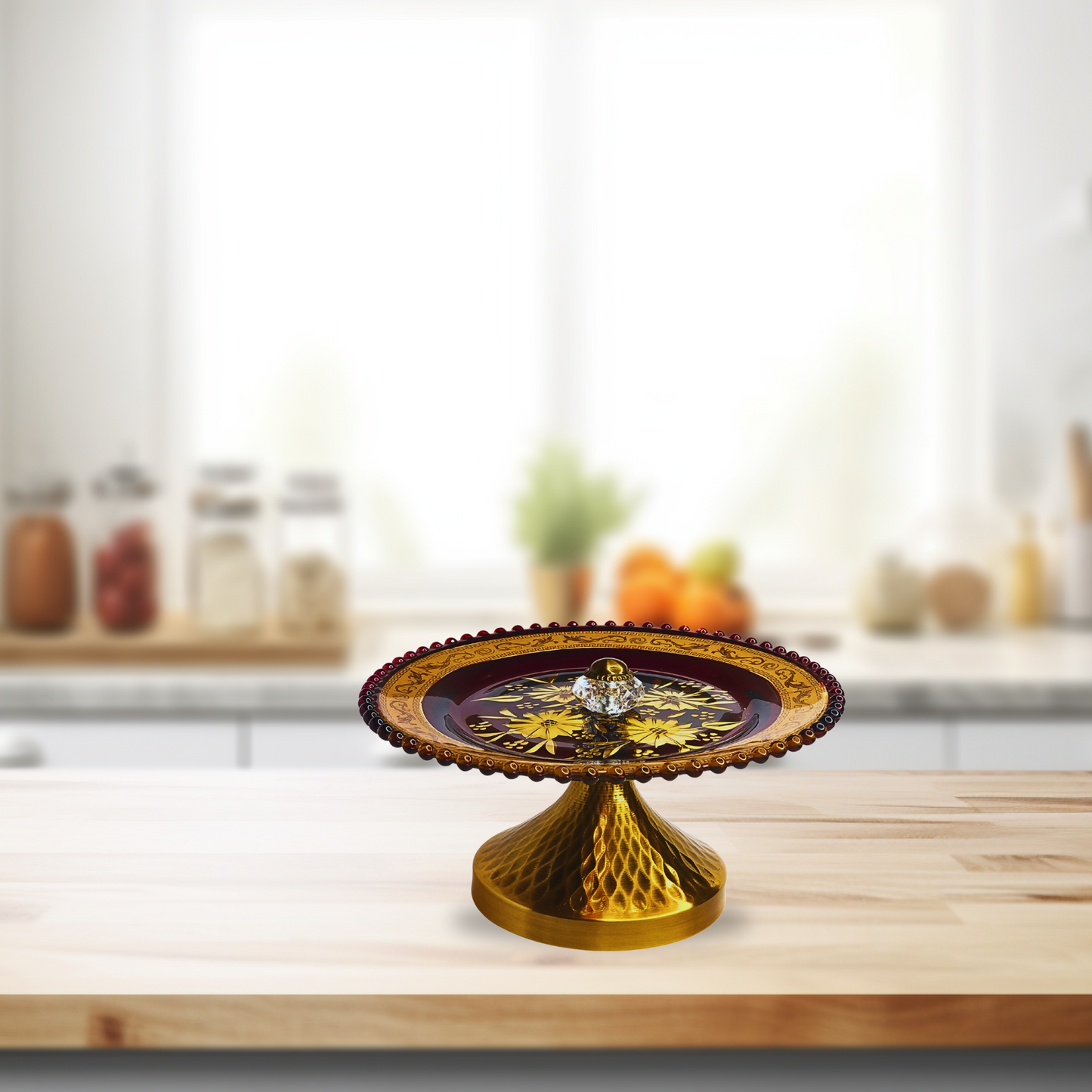 Regal Golden Decorative Platter with Crystal Knob – Premium Pedestal Plate