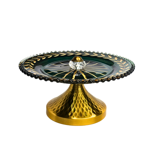 Regal Golden Decorative Platter with Crystal Knob – Premium Pedestal Plate