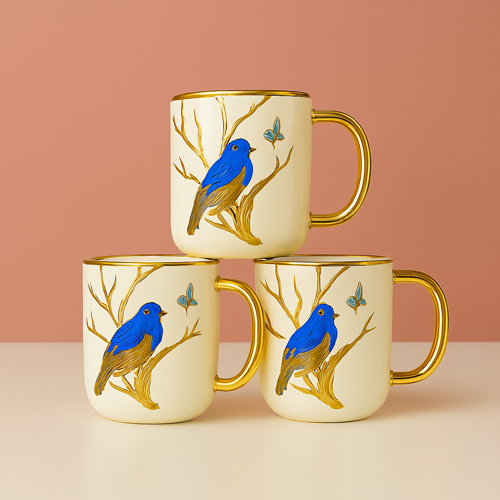 Elegant Hand-Painted Bluebird Ceramic Mug Set with Golden Detailing – Set of 4