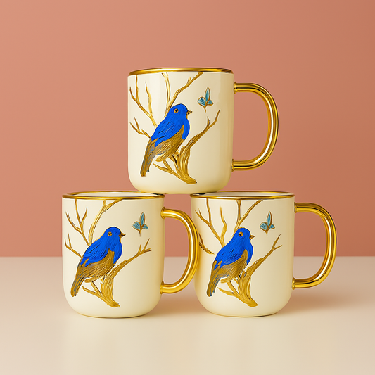 Elegant Hand-Painted Bluebird Ceramic Mug Set with Golden Detailing – Set of 4