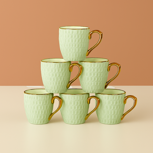 Elegant Textured Green Mug Set with Golden Handle – 6 Pieces
