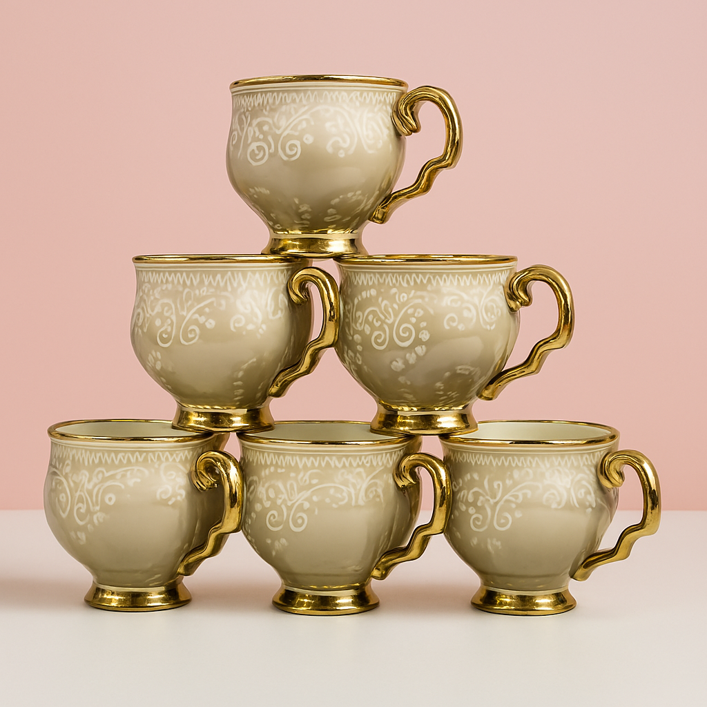 Royal Luxury Ceramic Mug Set with Golden Detailing – Set of 6