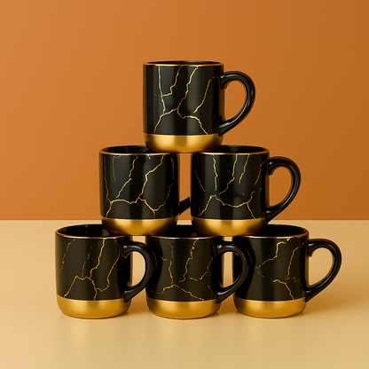 Luxury Grey & Gold Marble Ceramic Mug Set – 6 Pcs