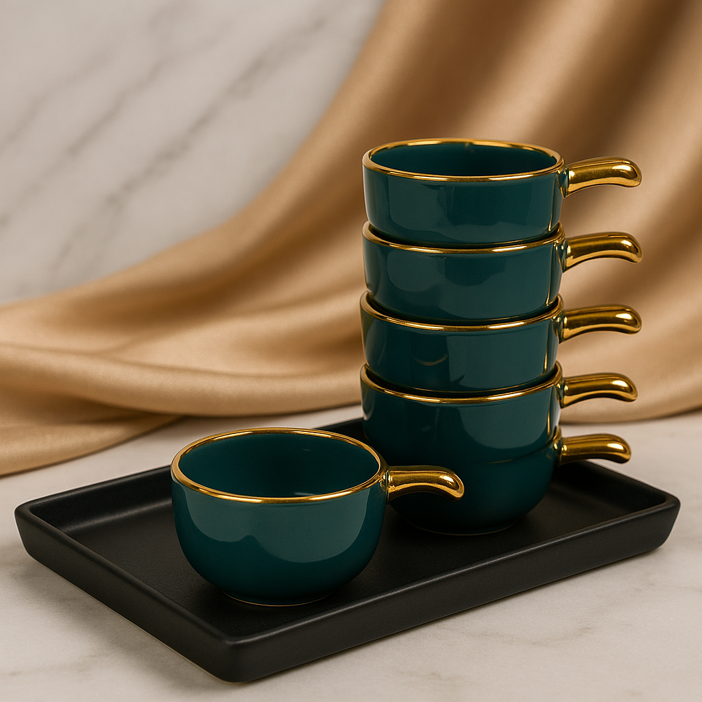 Elegant Ceramic Dip Bowls with Golden Handles – Set of 6