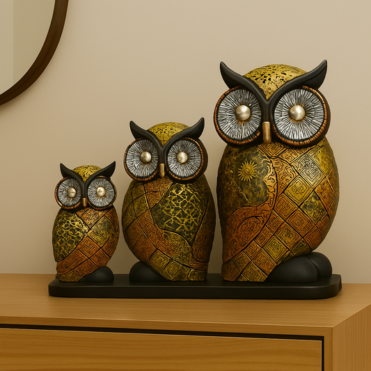 Set of 3 Golden and Black Decorative Owl Figurines