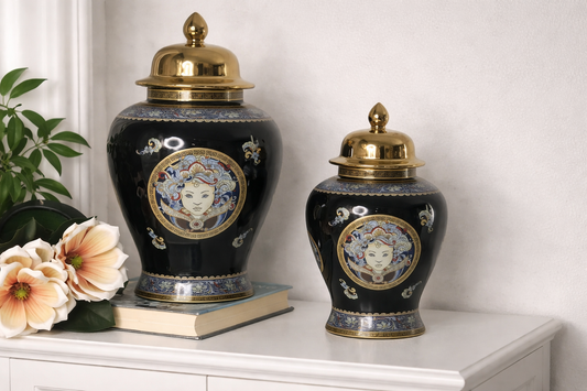 Black & Gold Medusa Temple Jar Set – Luxury Decorative Lidded Urns