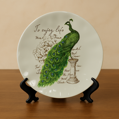 Ceremic Set of 3 Peacock Vase and Plate