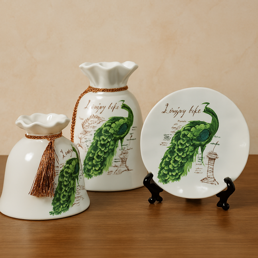 Ceremic Set of 3 Peacock Vase and Plate