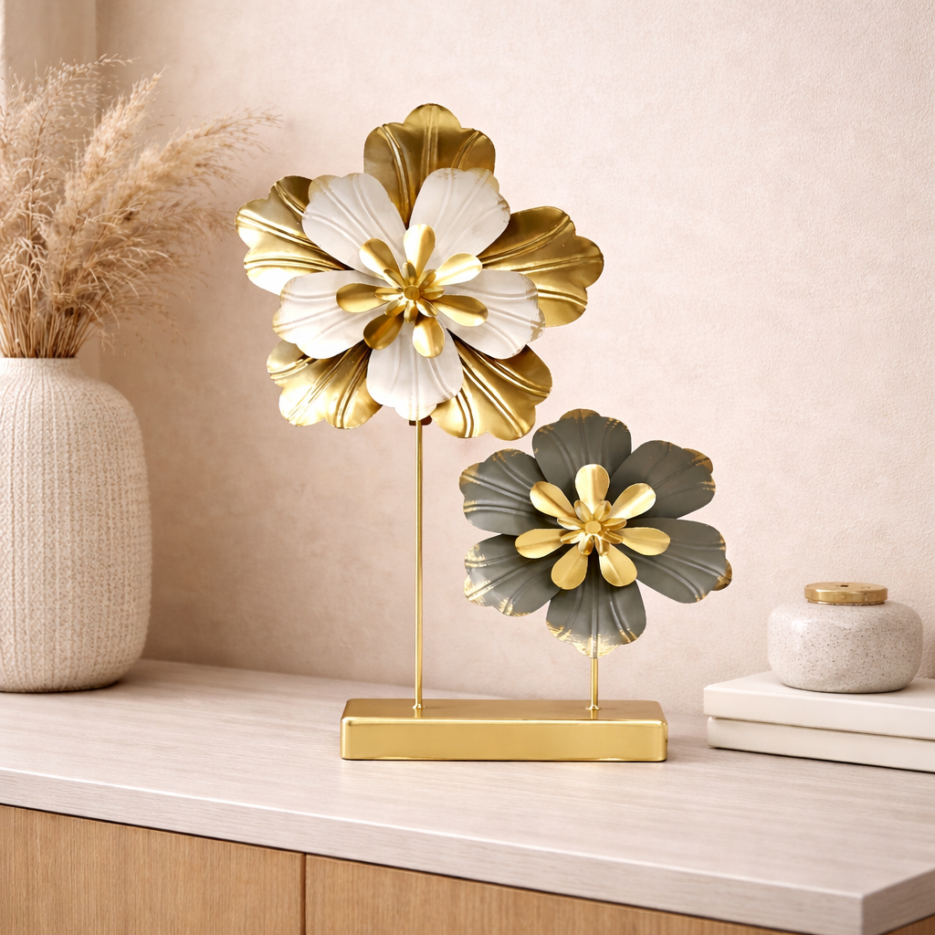 Elegant Gold & White Metal Flower Tabletop Decor Sculpture