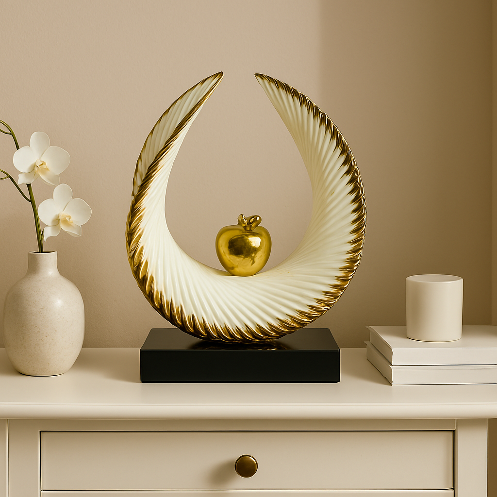 Modern Abstract Decorative Sculpture with Golden Apple Accent