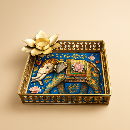 Elephant-Themed Decorative Pooja Tray with Lotus Candle Holder