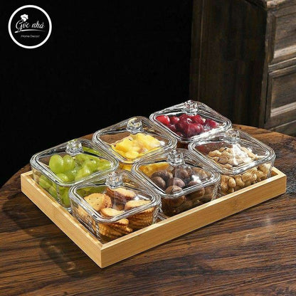 Elegant Glass Snack Serving Tray with Wooden Base (6-Compartment Set)