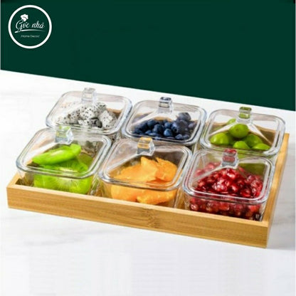 Elegant Glass Snack Serving Tray with Wooden Base (6-Compartment Set)