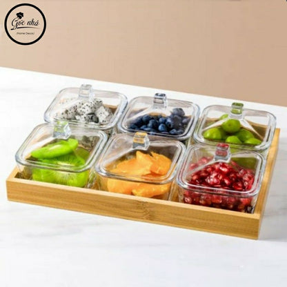 Elegant Glass Snack Serving Tray with Wooden Base (6-Compartment Set)