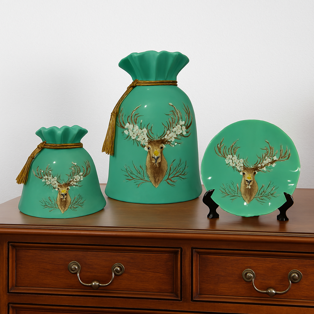 Ceremic Set of 3 Deer Head Vase and Plate