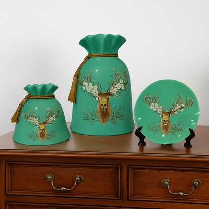 Ceremic Set of 3 Deer Head Vase and Plate