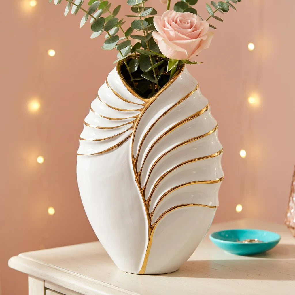 Elegant Gold Feather Leaf Ceramic Vase