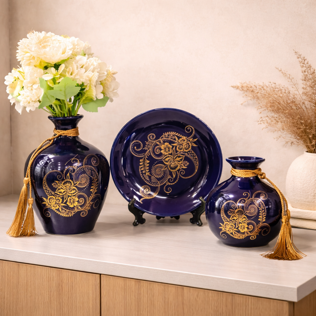 Royal Blue Ceramic Vase & Decorative Plate Set